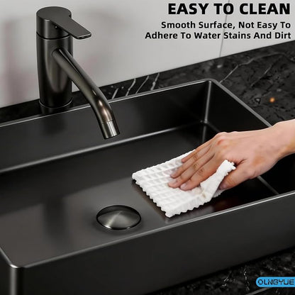 Black Rectangular Bathroom Vessel Sink: 20"x14" Modern Vanity Washbasin | Above Counter Lavatory Basin with Stainless Stee PVD Coating Pop Up Drain for Home Hotel Office Toilet Renovation Decoration