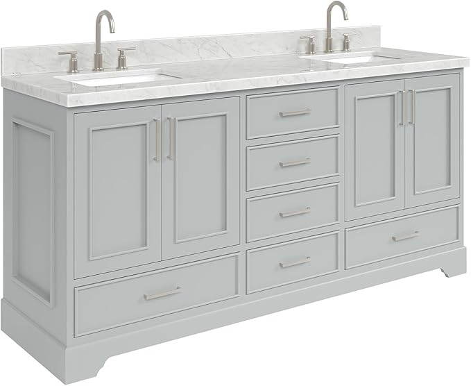 ARIEL Stafford 72-inch Bathroom Vanity with Sink,Solid Wood, 1.5-inch Italian Carrara Marble Countertop, Double Rectangular Porcelain Sink, 4 Soft Closing Doors, 6 Dovetail Drawers, Grey