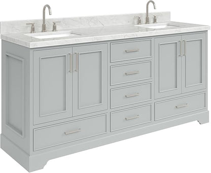 ARIEL Stafford 72-inch Bathroom Vanity with Sink,Solid Wood, 1.5-inch Italian Carrara Marble Countertop, Double Rectangular Porcelain Sink, 4 Soft Closing Doors, 6 Dovetail Drawers, Grey