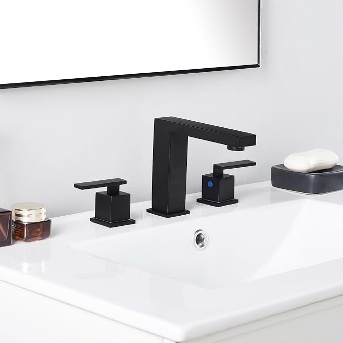 Matte Black Bathroom Faucet 3 Hole, Two Handle 8 Inch Widespread | Comes with Supply Lines & Pop-Up Drain, Easy Deck Mount, Square Shape, Fits Bathroom Vanity Sink, Powder Room & RV Sink