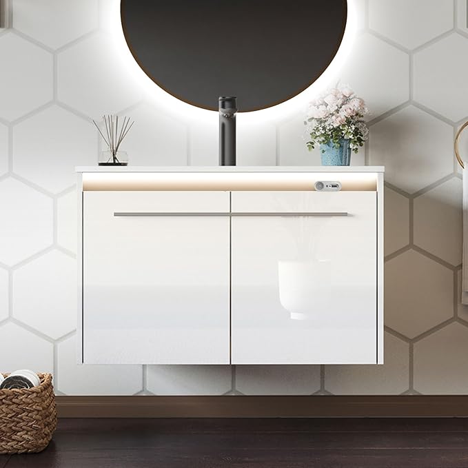 AMERLIFE 31" LED Floating Bathroom Vanity with Single Sink, Modern High Gloss Wall Mounted Bathroom Storage Cabinet with Metal Handles, White