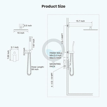 gotonovo Rainfall Bathroom Shower System Rain Shower Head and Handle Set Wall Mounted Shower Complete Combo Solid Brass Pressure Balancing Shower Mixer Valve 16 Inch Polished Chrome