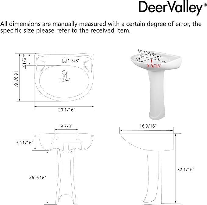 DeerValley Ally 20x16.54 Inch U-Shape White Ceramic Pedestal Sink with Overflow, Modern Bathroom Pedestal Sink, DV-1P525