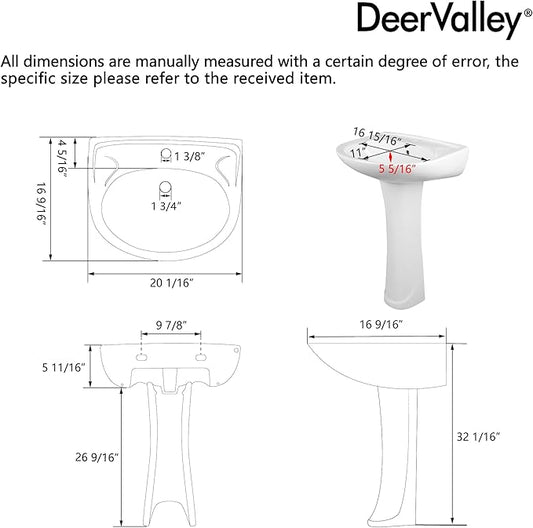 DeerValley Ally 20x16.54 Inch U-Shape White Ceramic Pedestal Sink with Overflow, Modern Bathroom Pedestal Sink, DV-1P525