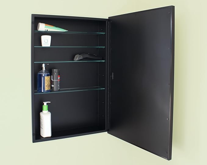 Fox Hollow Furnishings 20x30 Parker Metro Metal Framed Rectangle Recessed Bathroom Medicine Cabinet, Floating Mirror, 14x24 in-Wall Opening, Steel, Adjustable Glass Shelves, Magnet Close, Black