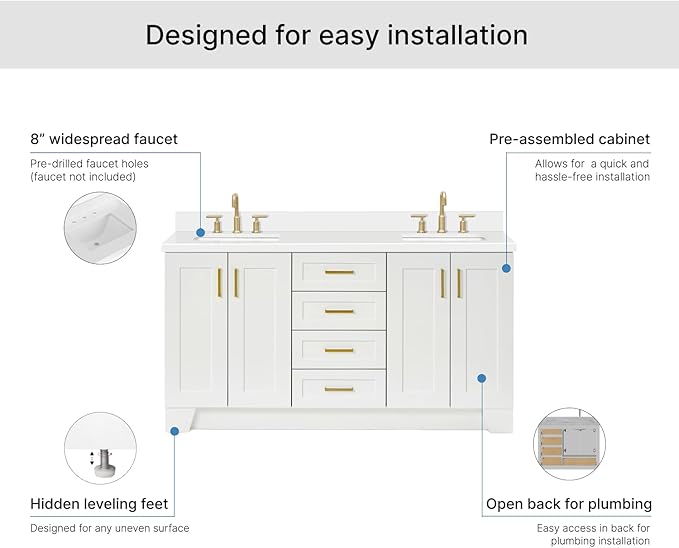 ARIEL Taylor 66-inch Bathroom Vanity with Sink,Solid Wood, 1.5-inch Pure White Quartz Countertop & Backsplash, Double Oval Porcelain Sink, 4 Soft Closing Doors, 5 Dovetail Drawers, Satin Brass, White