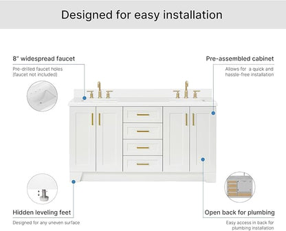 ARIEL Taylor 66-inch Bathroom Vanity with Sink,Solid Wood, 1.5-inch Pure White Quartz Countertop & Backsplash, Double Oval Porcelain Sink, 4 Soft Closing Doors, 5 Dovetail Drawers, Satin Brass, White