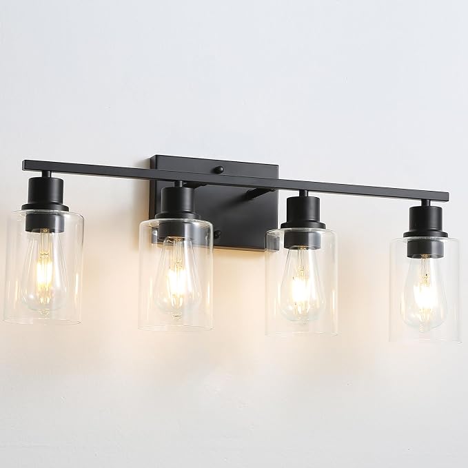 4-Lights Black Gallery Wall Sconces,Brushed Black Bathroom Vanity Light Fixtures with Clear Glass Shades, Farmhouse Modern Wall Lighting for Mirror,Living Room,Bedroom, E26 Base