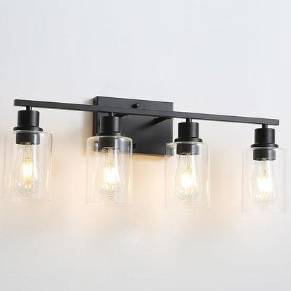 4-Lights Black Gallery Wall Sconces,Brushed Black Bathroom Vanity Light Fixtures with Clear Glass Shades, Farmhouse Modern Wall Lighting for Mirror,Living Room,Bedroom, E26 Base