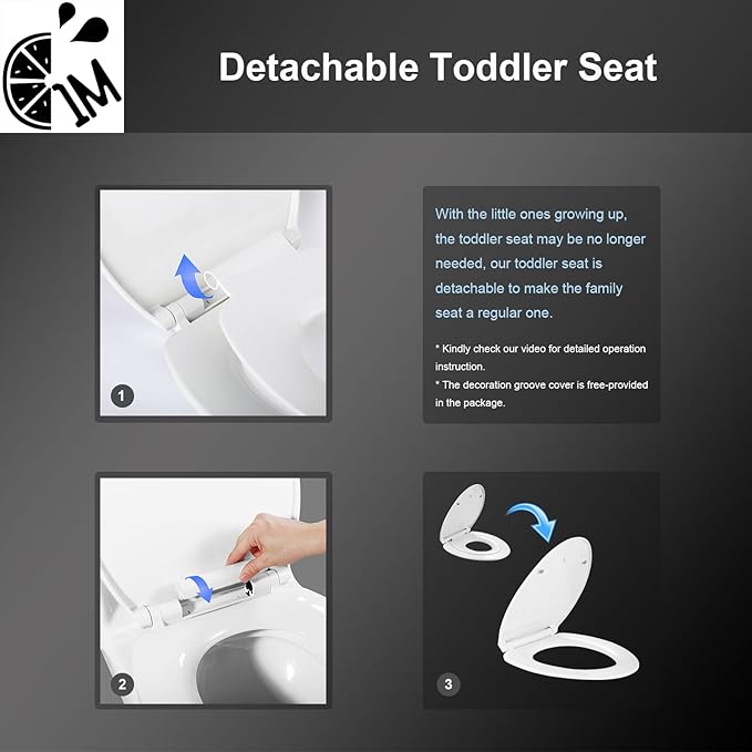1M Family Toilet Seat, Patented Slow Close & Quick Releasing Technology, Anti-Wiggling, Easy to Install and Clean, Standard Elongated with Toddler Seat Built In (2 Pieces)