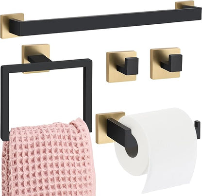 Gisafai 5 Pcs Black Gold Bathroom Hardware Accessories Set 23.6 Inch Bath Towel Bar Kit Stainless Steel Bathroom Hardware Set Towel Racks Ring Robe Hooks Paper Holder for Wall Mounted