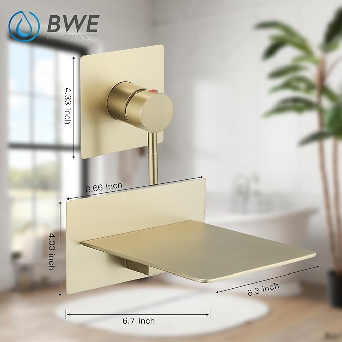 BWE Brushed Gold Wall Mount Tub Faucet with Waterfall Tub Spout Wall Mounted Bathtub Faucet Modern Single Handle Tub Filler Shower Faucet Set