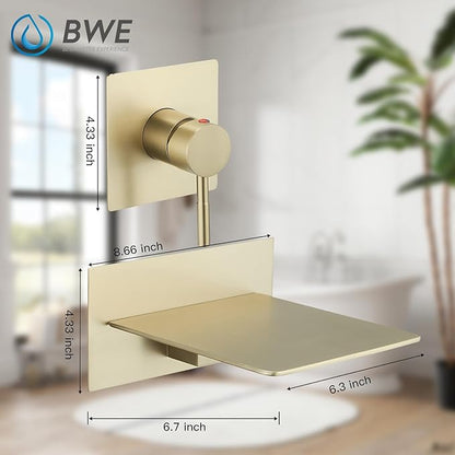 BWE Brushed Gold Wall Mount Tub Faucet with Waterfall Tub Spout Wall Mounted Bathtub Faucet Modern Single Handle Tub Filler Shower Faucet Set