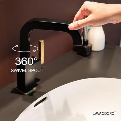 Black and Gold Bathroom Faucet, Lava Odoro Brass Single Hole Bathroom Sink Faucet 1 Handle Swivel Vanity Faucet with Drain Assembly, Solid Brass Vessel Sink Faucet Deck Plate Included, BF204-GB