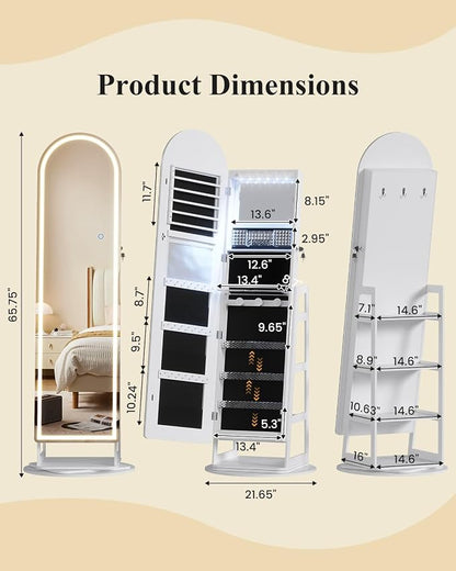 LVSOMT LED Arched Mirror Jewelry Cabinet Standing, Lockable Jewelry Armoire | 360° Swivel Full-Length Mirror with Storage, Large Jewelry Organizer Mirror, Foldable Makeup Shelf, Gift for Women, Black