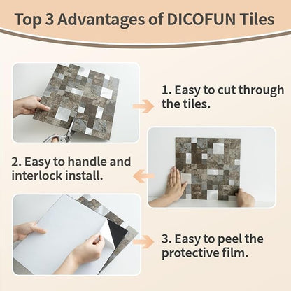 DICOFUN 12" x 12" Square Mosaic Peel and Stick Tile Backsplash, Mixed Metal Silver Stick on Wall Kitchen and Bathroom Tiles, Stick on Backsplash for Stove (10, Beige & Brown Slate)