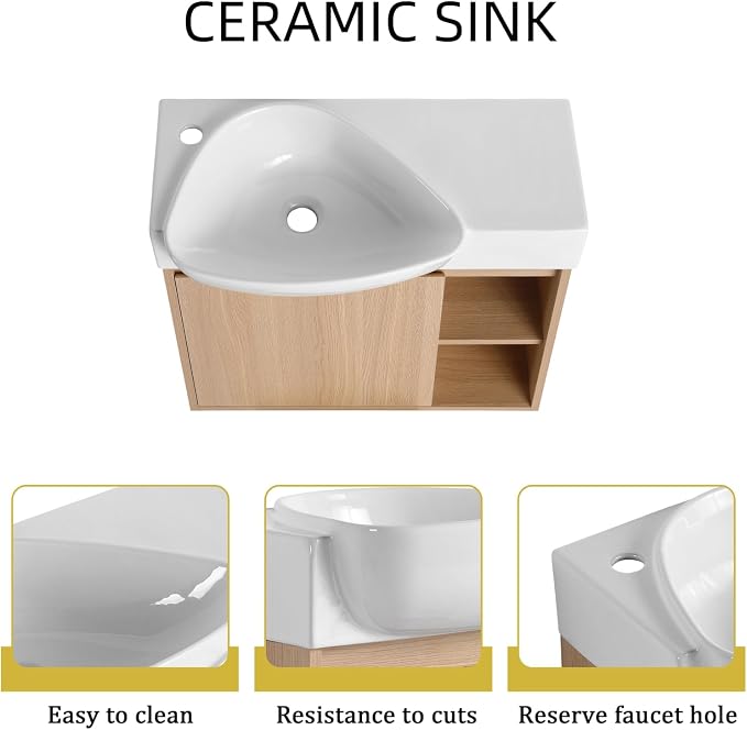 26" Wall Mounted Bathroom Vanity with Sink, Small Vanity, Oak | Integrated Ceramic Sink, Soft-Close Door & 2 Open Storage Shelves, Small Bath Vanity Set, Easy to Clean