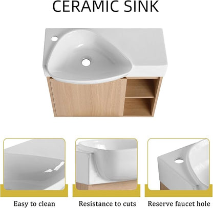 26" Wall Mounted Bathroom Vanity with Sink, Small Vanity, Oak | Integrated Ceramic Sink, Soft-Close Door & 2 Open Storage Shelves, Small Bath Vanity Set, Easy to Clean