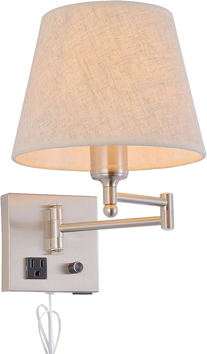 Bedside Wall Mount Light with Dimmable Switch and Outlet, Swing Arm Fabric Shade Wall Sconce Light with USB Port and Plug in Cord, Satin Nickel Wall Lamp for Bedroom, Living Room and Hotel
