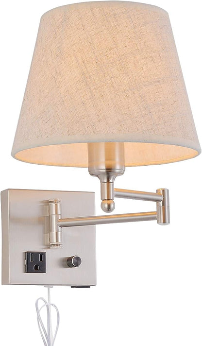 Bedside Wall Mount Light with Dimmable Switch and Outlet, Swing Arm Fabric Shade Wall Sconce Light with USB Port and Plug in Cord, Satin Nickel Wall Lamp for Bedroom, Living Room and Hotel