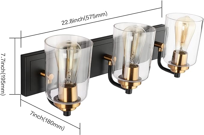SOLFART Bathroom Vanity Light 3-Light Light fixtures for Bathroom Above Mirror Vintage Lights fixtures Over Mirror in Black Brass Wall Sconces