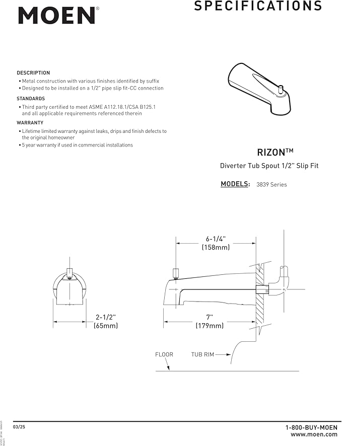 Moen Brushed Nickel 7-inch Tub Spout for Shower or Bathtub with Lift Diverter, 3839BN