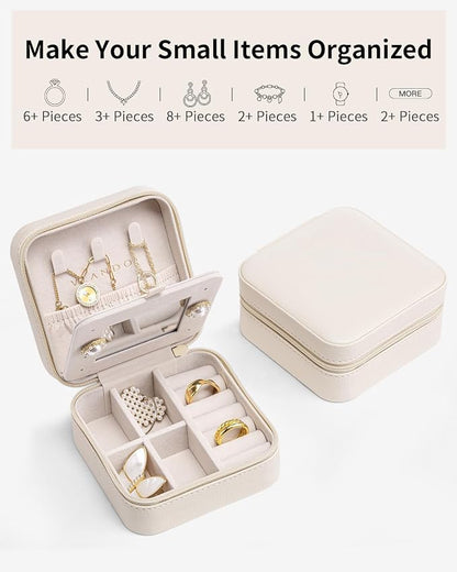 VLANDO Travel Jewelry Case with Mirror, Storage 3 Pairs of Stud Earrings | Necklace Hook for Anti-tangle, Removable Dividers, Waterproof PU Leather,Portable Storage for Rings, Necklace Gifts for Women