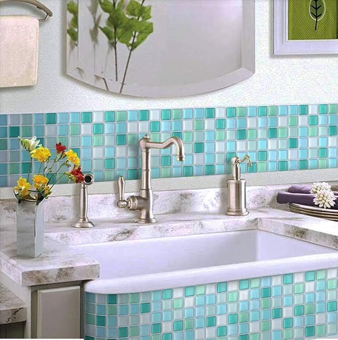 3D Mosaic Tile Sticker Removable Wallpaper Tile Red, 3D Self Adhesive Wall Tiles Bathroom Wall Tiles for Kitchen Backsplash Blue,PVC Square Decorative Vinyl Decals,4 Sheets