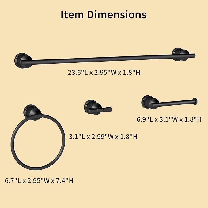 Matte Black Bathroom Accessories Set, 4 Pieces Bathroom Hardware Set, Towel Bar Set Stainless Steel Wall Mounted, Towel Racks for Bathroom, Robe Towel Hooks, Toilet Paper Holder
