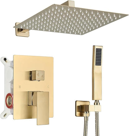 Shower Faucet Rain Shower System with 12 Inches Rainfall Shower Head and Handheld Spray Combo Bathroom Shower Faucet Set Complete Brushed Gold Shower Valve and Trim Kit Wall Mounted