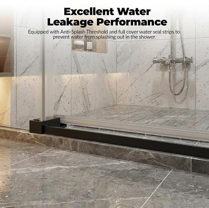 Frameless Sliding Shower Door, 56-60 Inches Wide x 76 Inches High, 1/4 Inch (6mm) Clear Tempered Glass with Matte Black Square Rail Design, Space-Saving Installation for Modern Bathrooms