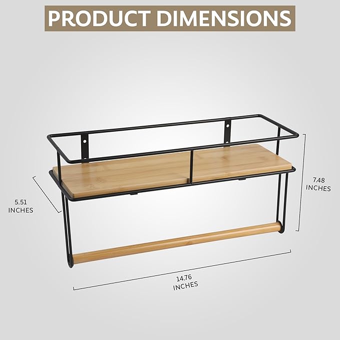 Wall-Mounted Wooden Shelf with Hand Towel Holder – Space-Saving Hanging Bathroom Organizer & Towel Rack - Perfect for Shower Corner, Kitchen, Toilet - Matte Black