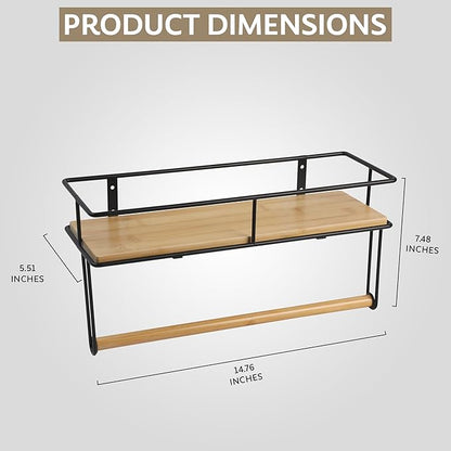 Wall-Mounted Wooden Shelf with Hand Towel Holder – Space-Saving Hanging Bathroom Organizer & Towel Rack - Perfect for Shower Corner, Kitchen, Toilet - Matte Black