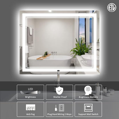 44x36 Inch LED Bathroom Mirror with Lights | Front and Backlit, 3 Colors, Dimmable, Memory, Anti Fog, Shatterproof, Horizontal/Vertical, Lighted Mirrors for Bathroom Wall