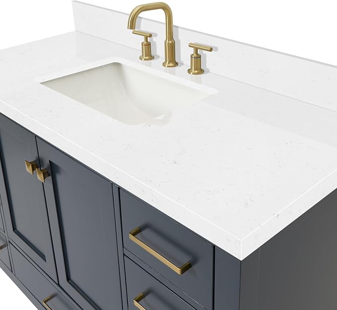 Beckford 48-Inch Bathroom Vanity with Sink — Midnight Blue Single Sink Bathroom Vanity, 1.5" Edge Carrara White Quartz Countertop, Solid Wood, 2 Soft-Close Doors, 9 Dovetail Drawers