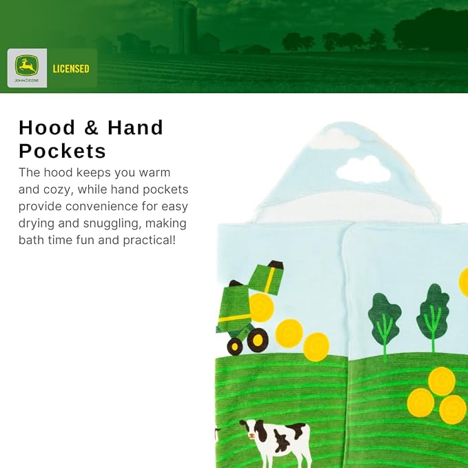 John Deere Tractor Farm Kids Super Soft Bath/Pool/Beach Soft Cotton Terry Hooded Towel Wrap, 24 in x 50 in, (Officially Licensed Product) by Franco