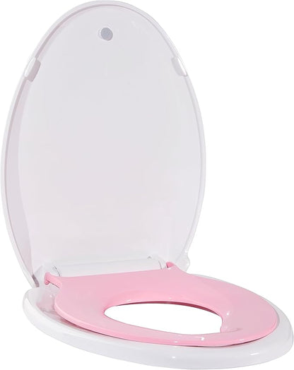 Toilet Seat, Elongated Toilet Seat with Toddler Seat Built in, Potty Training Toilet Seat Elongated Fits Both Adult and Child, with Slow Close and Magnets- Elongated White and Pink