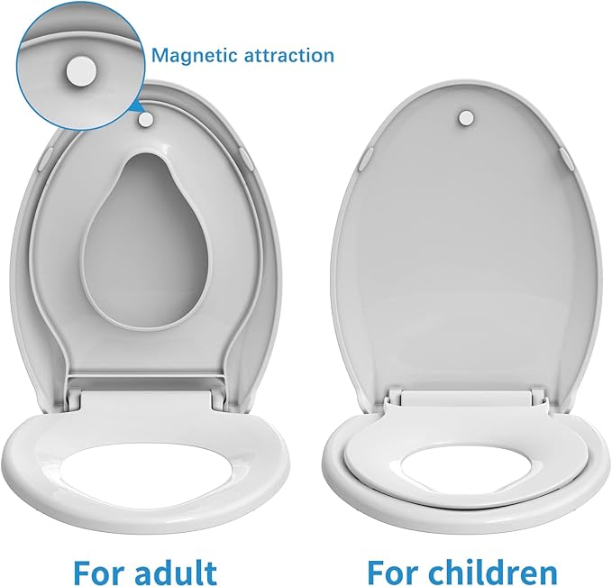 19" Elongated Toilet Seat with Built-In Potty Training Seat, Soft Quiet-Close Lid with Non-Slip Design, Magnetic Kids Seat in White, Easy to Install and Clean