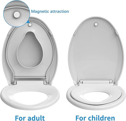 19" Elongated Toilet Seat with Built-In Potty Training Seat, Soft Quiet-Close Lid with Non-Slip Design, Magnetic Kids Seat in White, Easy to Install and Clean
