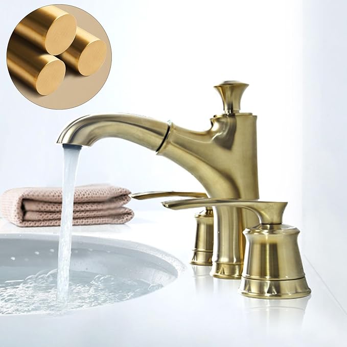 BiaoTeng Faucet for Bathroom Sink Pull Down Three Hole Hot and Cold Brass Double Handle Bathroom Faucets for Sink 3 Hole Pull Out Brushed Gold