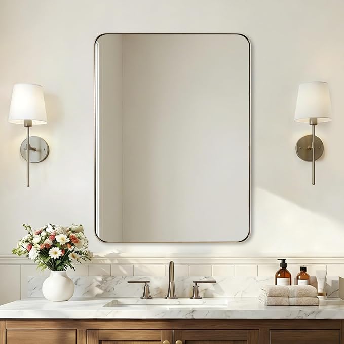 Brushed Champagne Bronze Mirrors for Bathroom Sink, 24x32 Inch Bathroom Vanity Mirror with Rectangular Metal Frame-Modern Clean Design with Superior Stainless Steel Frame