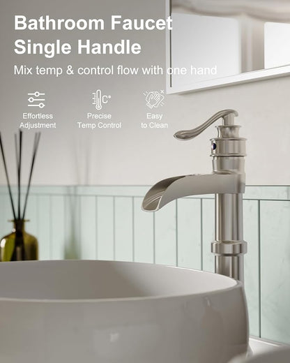 BWE Vessel Sink Faucet Waterfall Tall Brushed Nickel Bathroom Faucet | Single Handle 1 Hole Brass Countertop Lavatory Vanity Mixer Tap with Pop Up Drain and Supply Lines for RV Bar No Overflow