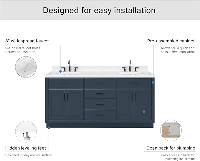 ARIEL Hepburn 72-inch Bathroom Vanity with Sink,Solid Wood, 1.5-inch Carrara White Quartz Countertop, Double Rectangular Porcelain Sink, 4 Soft Closing Doors, 6 Dovetail Drawers, Midnight Blue