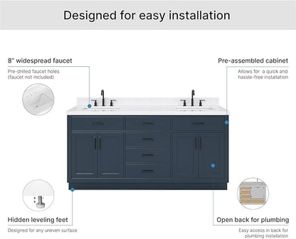 ARIEL Hepburn 72-inch Bathroom Vanity with Sink,Solid Wood, 1.5-inch Carrara White Quartz Countertop, Double Rectangular Porcelain Sink, 4 Soft Closing Doors, 6 Dovetail Drawers, Midnight Blue