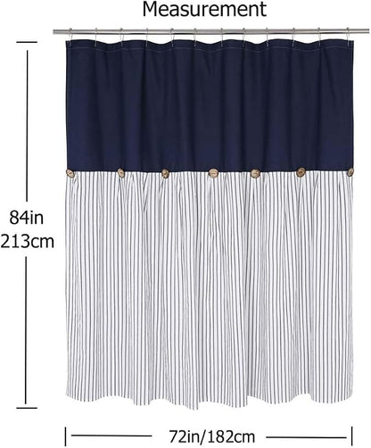 DOSLY Ides Farmhouse Navy Blue and Beige Stripe Shower Curtain for Bathroom, Cotton Blend Woven Fabric with Button, Rustic Charm Country Chic Style, 72x84 in