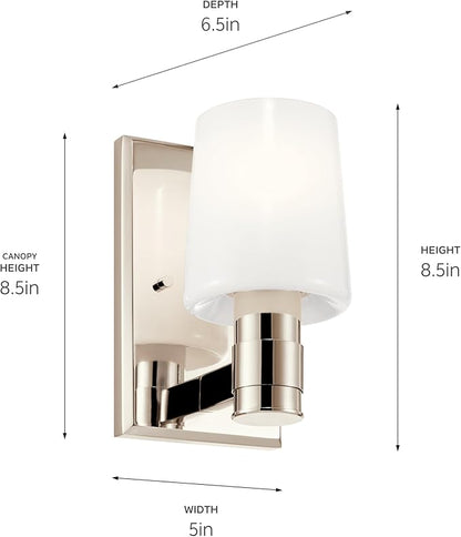 Kichler Adani 1-Light Wall Sconce, Modern Light with Opal Glass in Polished Nickel, for Bathroom, Powder Room, Kitchen, Bedroom, or Hallway (8.5" x 5"), 55174PN