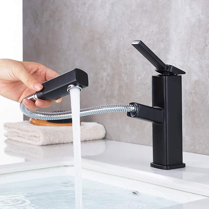 KAIYING Bathroom Sink Faucet with Pull Out Sprayer, Single Handle Basin Mixer Tap for Hot and Cold Water, Lavatory Pull Down Sink Faucet with Rotating Spout (Regular, Black)