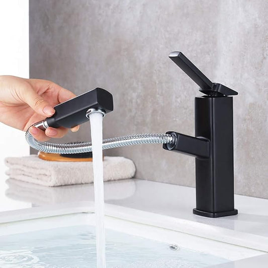 KAIYING Bathroom Sink Faucet with Pull Out Sprayer, Single Handle Basin Mixer Tap for Hot and Cold Water, Lavatory Pull Down Sink Faucet with Rotating Spout (Regular, Black)