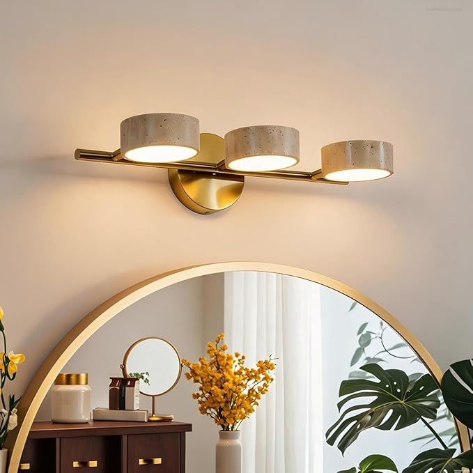 Led Bathroom Lighting Fixtures Over Mirror with 3 Travertine Shades,Vanity Lights Wall Lamp, 180° Rotatable Stone Lampshades Bathroom Lights, Modern Farmhouse Stone Sconces Gold