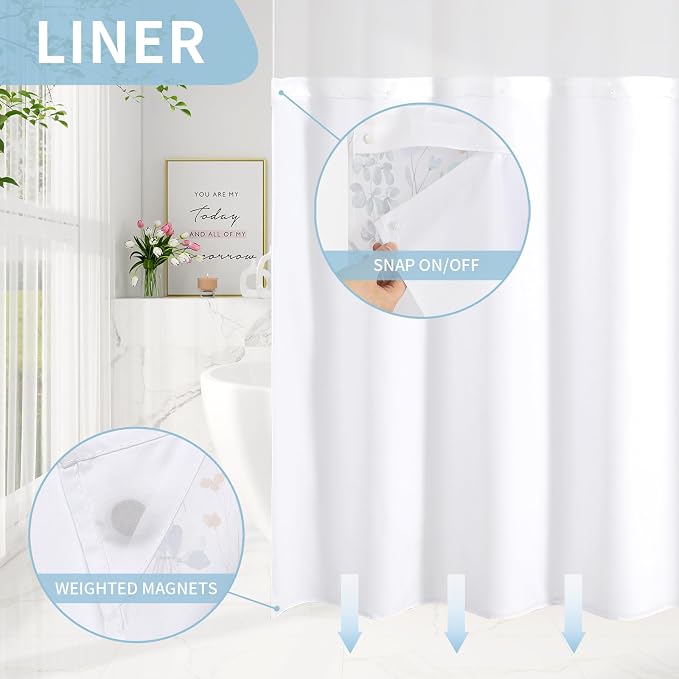 Litabel No Hook Blue Watercolor Floral Shower Curtain and Liner Set, 72x80 | Spring Flower Shower Curtains with Snap-in Liner for Farmhouse Bathroom Decor, Botanical Bathroom Curtain with Leaves